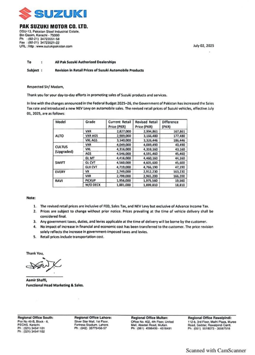 Pak Suzuki Increases Prices Again Effective July 1, 2025 post thumbnail image